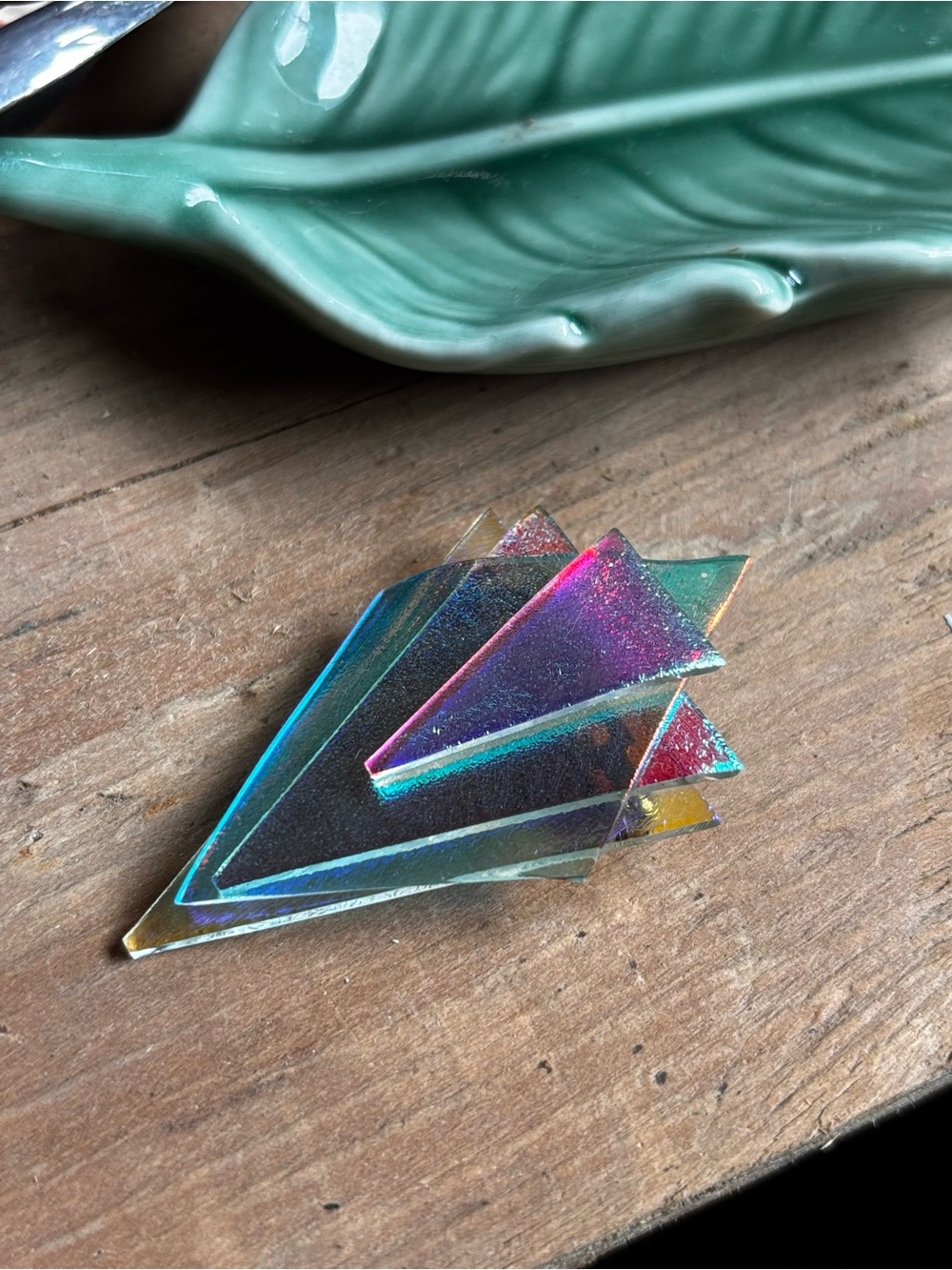 Vintage Iridescent Geometric Glass Accent - Aqua and Rainbow Hues Brooch
